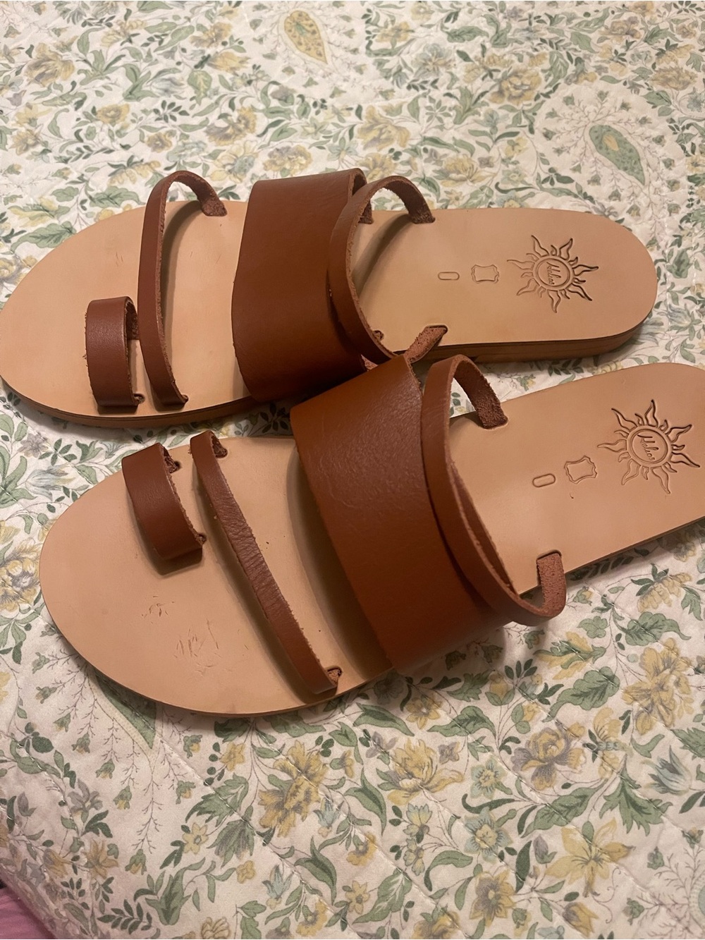 Triple-Strap Brown Leather Slide Sandals